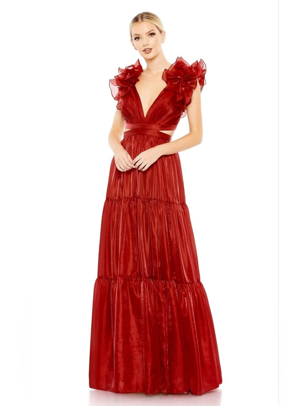 NWT Mac Duggal 49528 Ruffled Shoulder Tiered Evening Dress Wine Size 2